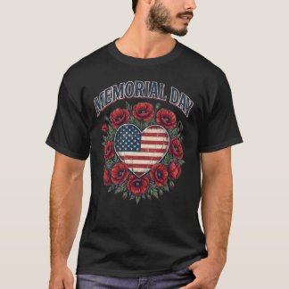 Patriotic Heart Poppy Wreath Memorial Day Tee