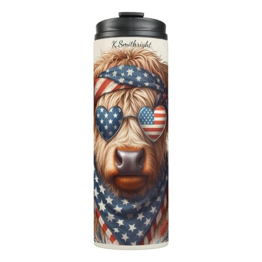 Patriotic Highland Cow Celebration Art Thermosbecher (Vorderseite)