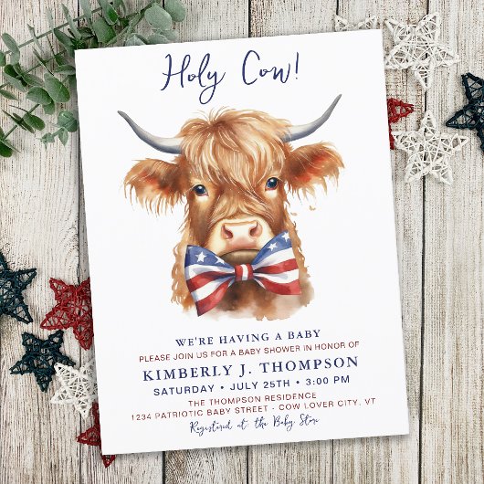 Patriotic Highland Cow Farm Animal Baby Shooter Einladungspostkarte