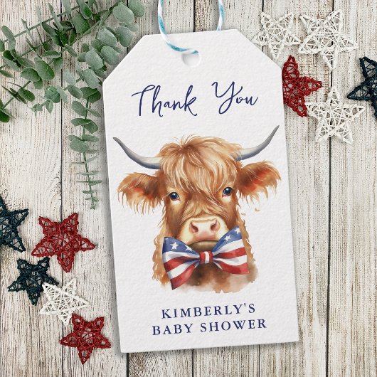 Patriotic Highland Cow Farm Animal Baby Shooter Geschenkanhänger