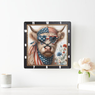 Patriotic Highland Cow USA Flag Quadratische Wanduhr