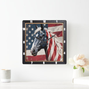 Patriotic Horse American Flag Quadratische Wanduhr