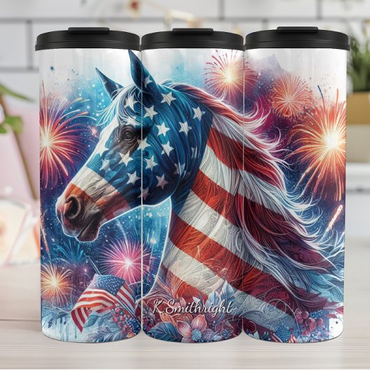 Patriotic Horse Fireworks Celebration Art Thermosbecher