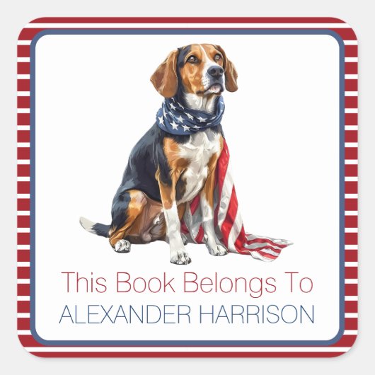 Patriotic Hound Hund Personalisiertes Buchzeichen Quadratischer Aufkleber (Vorderseite)