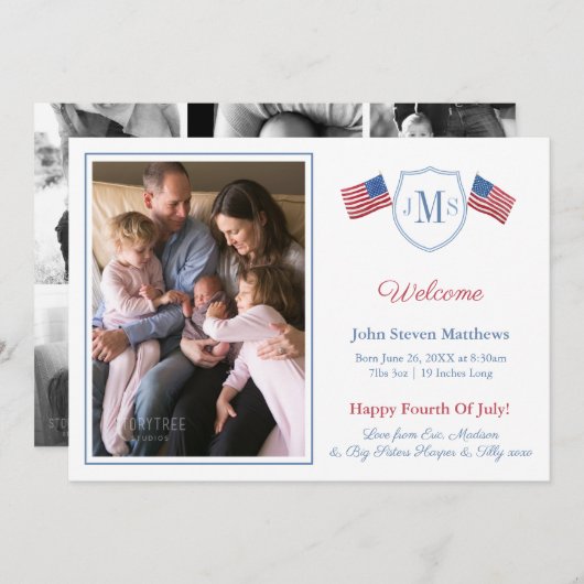 Patriotic Monogram Foto Collage Baby Boy Birth Ankündigung (Vorne/Hinten)