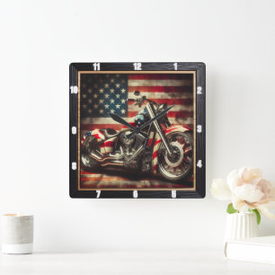 Patriotic Motorrad American Flag Quadratische Wanduhr