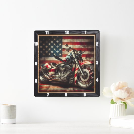 Patriotic Motorrad American Flag Quadratische Wanduhr (Zuhause)