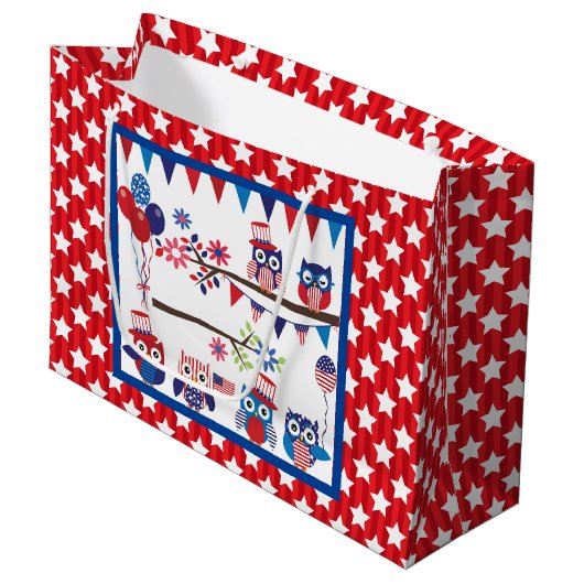 Patriotic Owls Große Geschenktüte (Vorderseite Schrägansicht)
