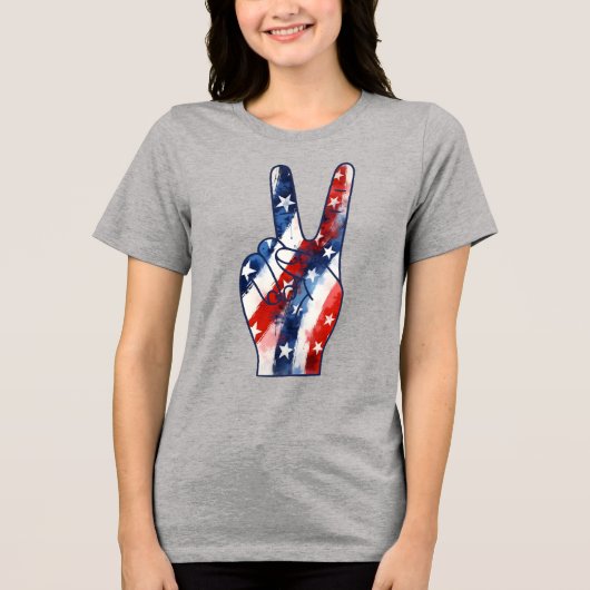 Patriotic Peace Sign Hand Wavy US Flag Pattern Tri-Blend Shirt (Vorderseite)