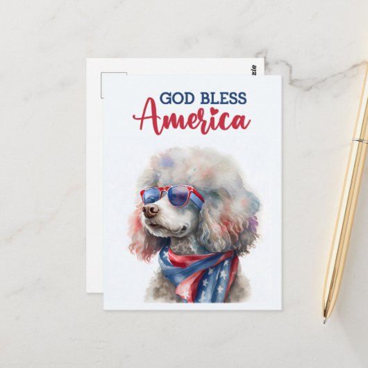 Patriotic Poodle, Gott segne Amerika Postkarte (Vorderseite/Rückseite Beispiel)