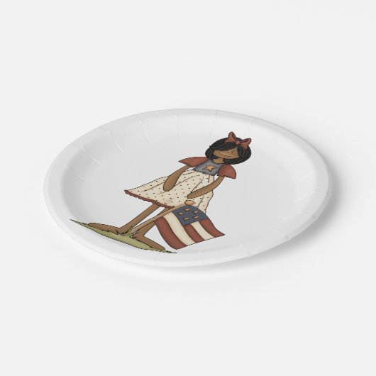 Patriotic Rag Doll Girl Americana Folk Pappteller (Schrägansicht)