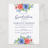 Patriotic Red Blue Floral Abschluss Einladung Postkarte (Vorderseite)