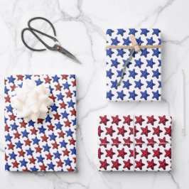 Patriotic Red Blue Glitzer Stars Pattern auf White Geschenkpapier Set