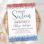 Patriotic Red Blue Glitzer Sweet 16 Birthday Party Einladungspostkarte<br><div class="desc">Feiern Sie Ihren besonderen Tag mit unseren patriotischen 16 . Geburtstag Geburtstagsparty Einladungen! Unser modernes und elegantes Design besticht durch eine schicke, mädchenhafte Touch mit Glitzer-Akzenten und einem Farbschema in Rot, Weiß und Blau. Zeigen Sie Ihren militärischen Stolz mit einem amerikanischen Fahnenmotiv, das perfekt für jedes US-liebende Geburtstagsmädchen ist! COPYRIGHT...</div>