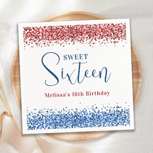 Patriotic Red Blue Glitzer Sweet 16 Birthday Party Serviette