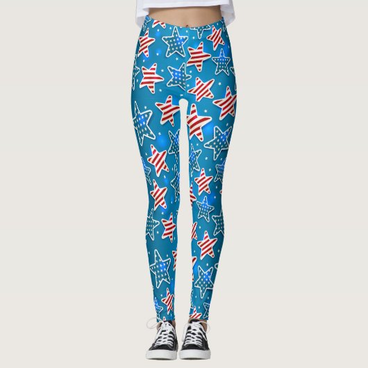 Patriotic Red Blue White American Flag Star Leggings (Vorderseite)