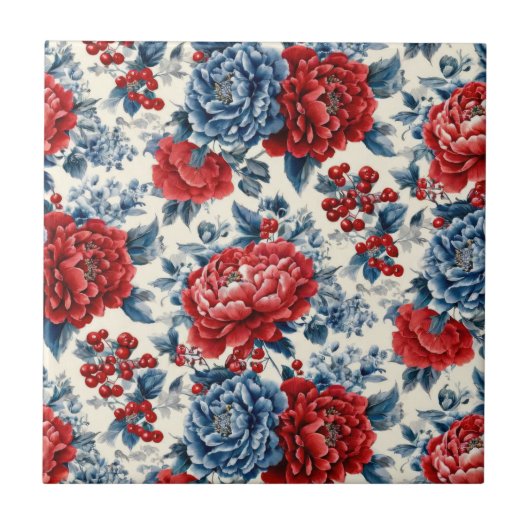 Patriotic Red Blue White Floral (7) Fliese (Vorderseite)