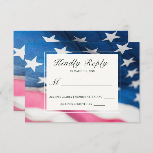 Patriotic Red White Blue American Flag Hochzeit RSVP Karte (Vorne/Hinten)