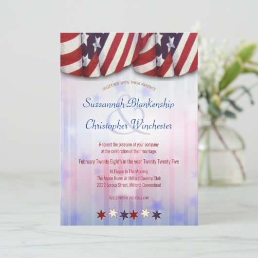 Patriotic Red White Blue Bunting Background Stars Einladung (Stehend Vorderseite)