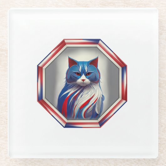 Patriotic Red White & Blue Cat In Frame Glasuntersetzer (Vorderseite)