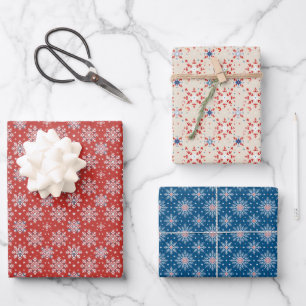 Patriotic Red White Blue Christmas Snowflake Wrap Geschenkpapier Set