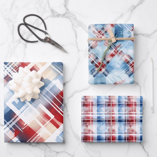 Patriotic Red White Blue Kariert Ergänzendes Set Geschenkpapier Set (Vorderseite)
