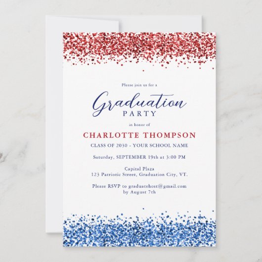 Patriotic Red White Blue Modern Glitzer Abschluss Einladung (Vorderseite)