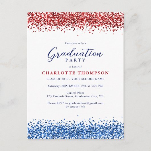 Patriotic Red White Blue Modern Glitzer Abschluss Einladungspostkarte (Vorderseite)