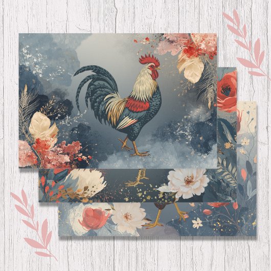 Patriotic Red White Blue Rooster Flowers Leaves Geschenkpapier Set