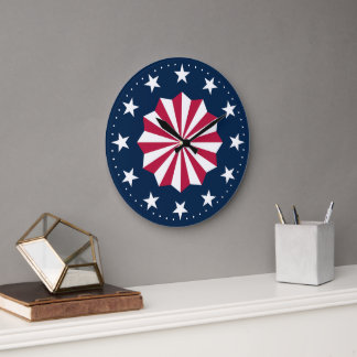Patriotic Red White Blue Stars Stripes Rosette Große Wanduhr