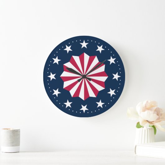 Patriotic Red White Blue Stars Stripes Rosette Große Wanduhr (Zuhause)