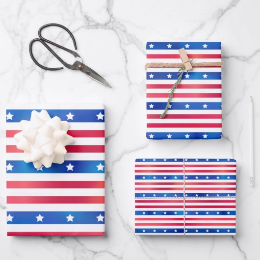 Patriotic Red White Blue Stars Stripes USA Geschenkpapier Set (Vorderseite)