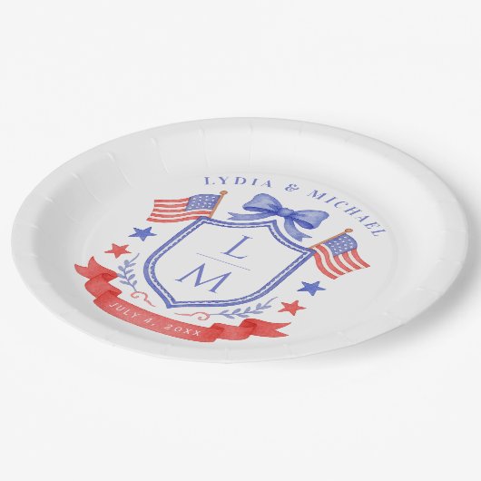 Patriotic Red White & I Do Monogram Wedding Pappteller (Schrägansicht)