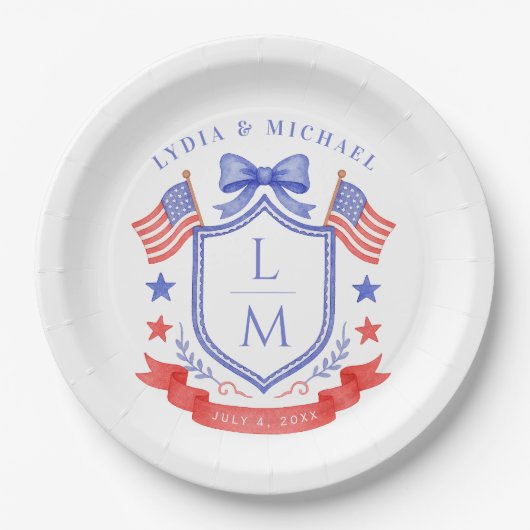 Patriotic Red White & I Do Monogram Wedding Pappteller (Vorderseite)