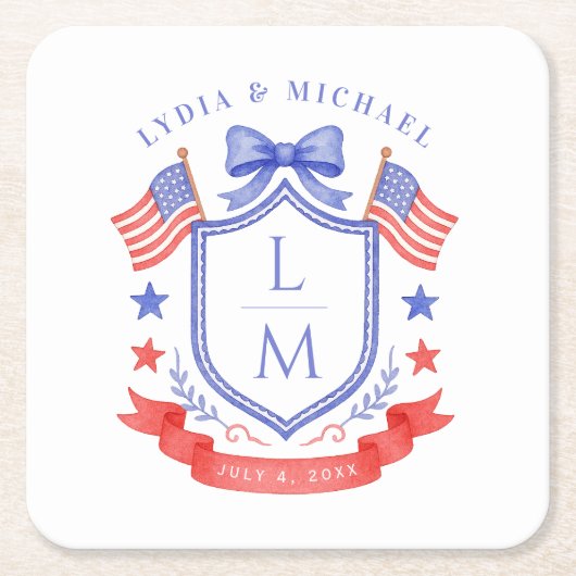 Patriotic Red White & I Do Monogram Wedding Rechteckiger Pappuntersetzer (Vorderseite)