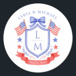 Patriotic Red White & I Do Monogram Wedding Runder Aufkleber<br><div class="desc">This patriotic wedding sticker design features a watercolor crest with a light red white and blue patriotic crest with American flags and a blue bow. You can personalize with your monogram,  wedding date and names.</div>