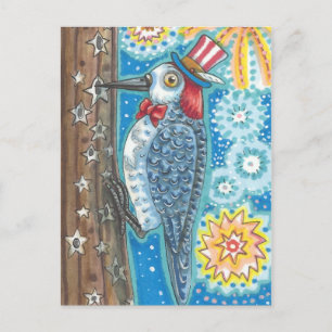 PATRIOTIC REDHEADED WOODPECKER, FIREWORKS POSTCARD POSTKARTE