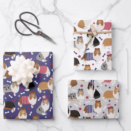 Patriotic Rough Collie Pattern Geschenkpapier Set (Vorderseite)