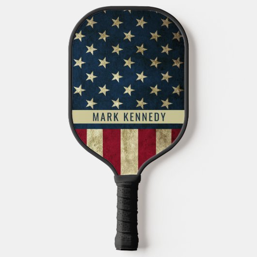Patriotic Rustic American Flag Individuelle Name Pickleball Schläger (Rückseite)