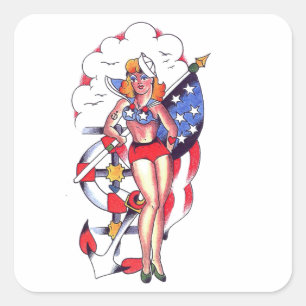 Patriotic Sailor Girl Tattoo Art Quadratischer Aufkleber