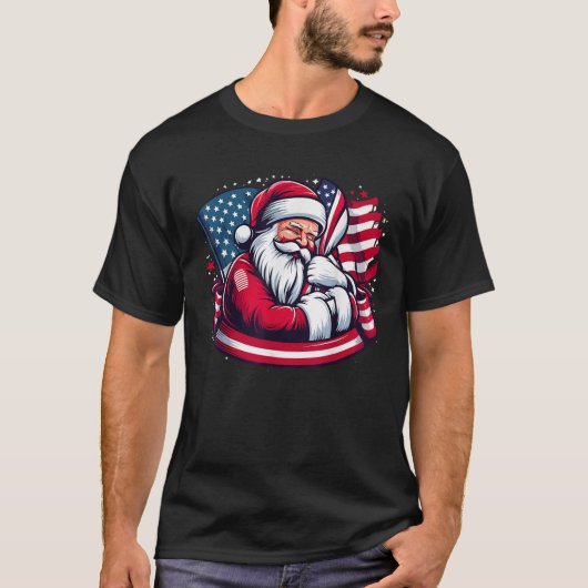 Patriotic Santa Claus Men Women Christmas USA Fahn T-Shirt (Vorderseite)