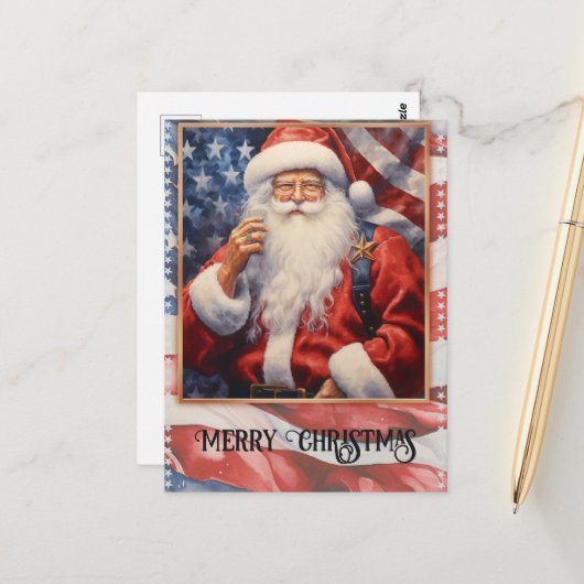 Patriotic Santa Claus Watercolor Postkarte (Vorderseite/Rückseite Beispiel)