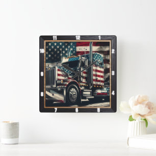 Patriotic Semi-Truck American Flag Quadratische Wanduhr