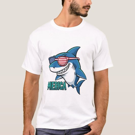 Patriotic Shark 'Merica Funny USA Flag Sunglasses T-Shirt (Vorderseite)