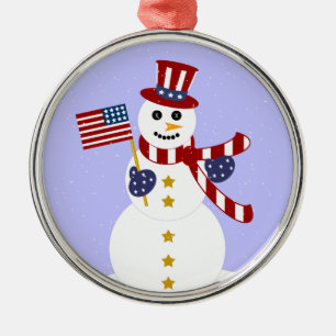 Patriotic Snowman Round Silver Weihnachtsschmuck