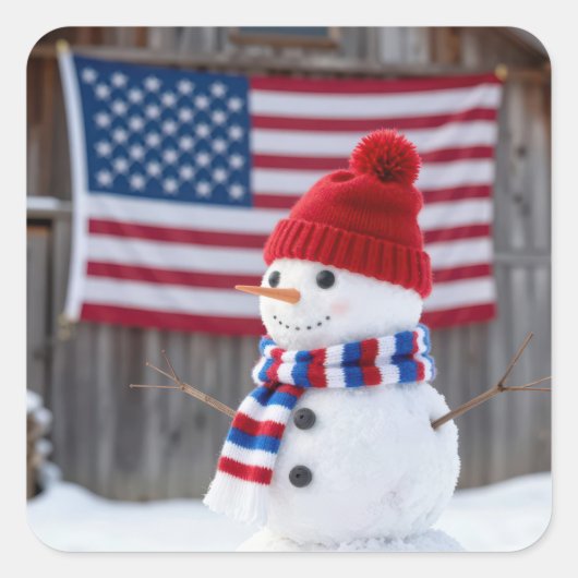 Patriotic Snowman With American Flag Quadratischer Aufkleber (Vorderseite)