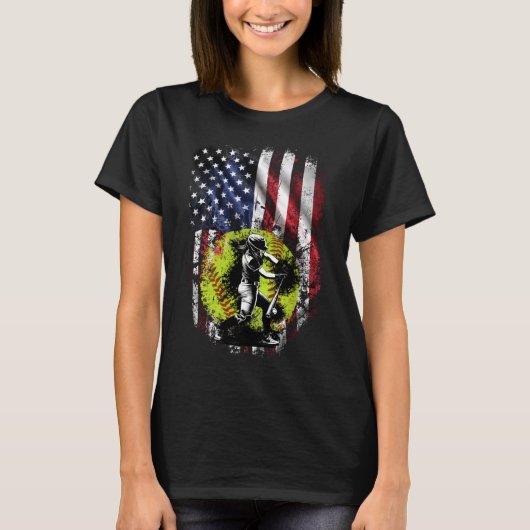 Patriotic Softball Batter mit amerikanischer Flagg T-Shirt (Vorderseite)