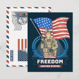 Patriotic Soldier Holding US Flag Postcard Feiertagspostkarte