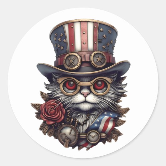 Patriotic Steampunk Cat with Goggles Runder Aufkleber (Vorderseite)