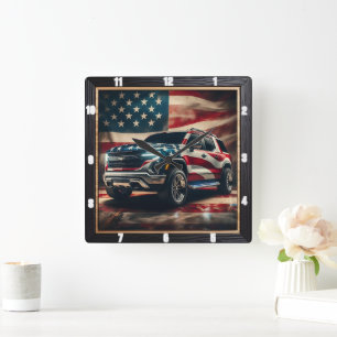 Patriotic SUV American Flag Quadratische Wanduhr
